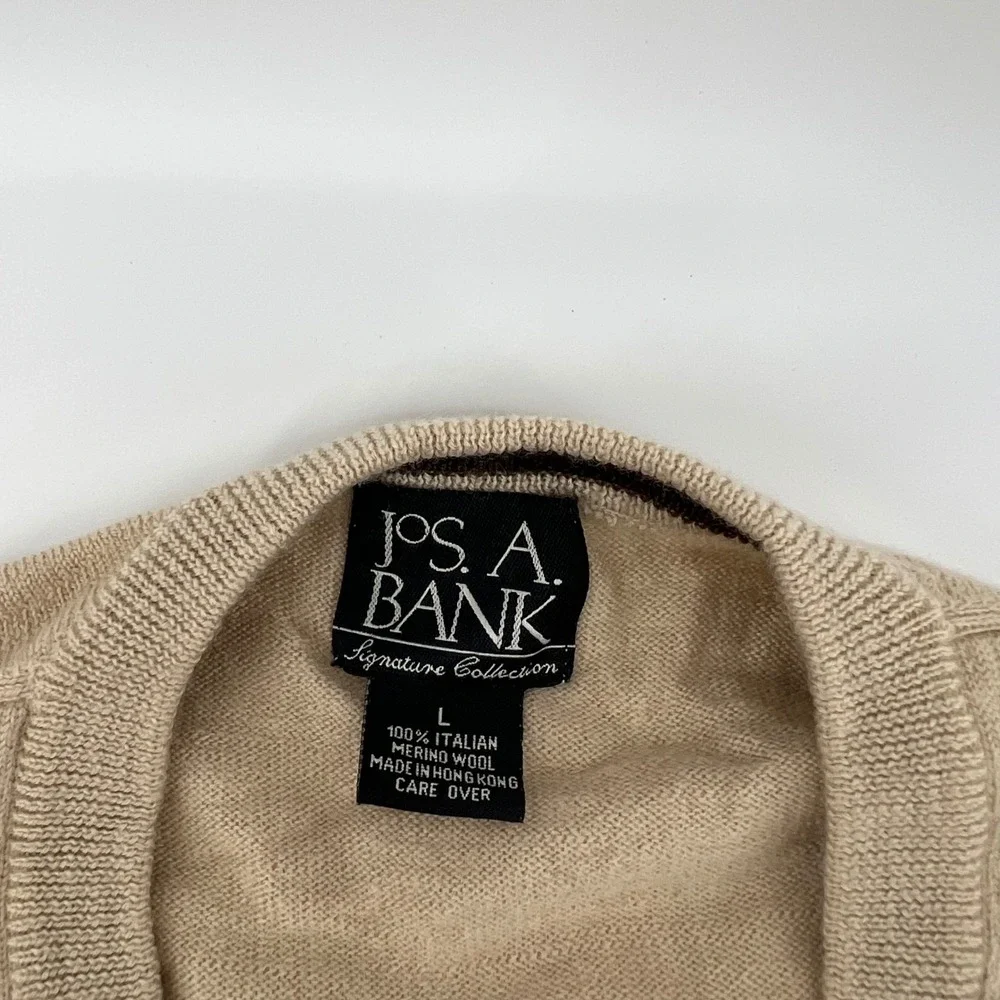 JO S A BANK Mens V Neck Sweater L 100% Italian Merino Wool Beige Long Sleeve - Picture 4 of 7